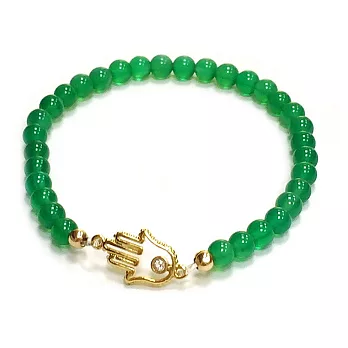 One of a kind 翡翠綠玉石 水鑽金色小手掌 HAMSA 彈性伸縮幸運手鍊