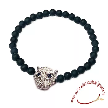 One of a kind 白色晶鑽 銀色美洲豹 黑曜石霧面圓形珠珠 彈性伸縮幸運手鍊