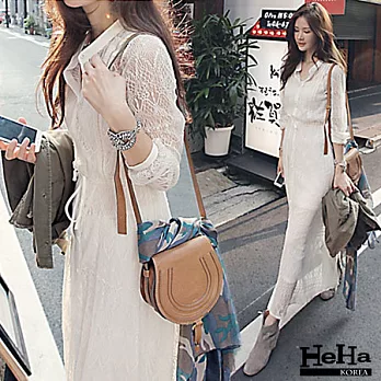 洋裝 鏤空蕾絲長裙長袖連身洋裝 白色-HeHa-L*