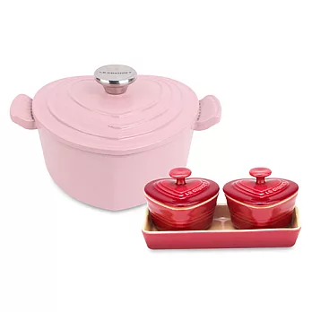 LE CREUSET－鑄鐵愛心鍋（甜心粉．直徑18cm） + 瓷器心型烤盅組 2入（樹莓色）