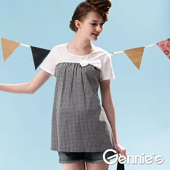 【Gennie’s奇妮】經典小格紋純棉春夏孕婦上衣(G3502)M黑格