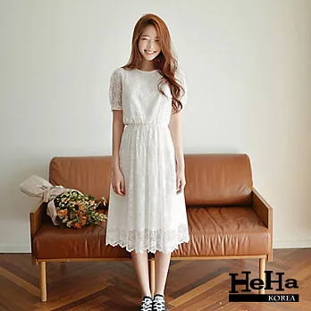 洋裝 蕾絲網紗短袖收腰中長版連身洋裝 白色-HeHa-L*