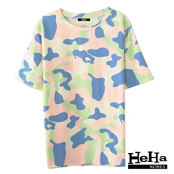 T恤 粉嫩迷彩寬鬆短袖上衣 二色-HeHa-FREE(深藍)