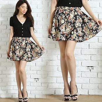 【名模衣櫃】繽紛印花 清涼雪紡褲裙FREE大花黑