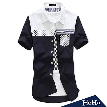 襯衫 波點拼接時尚短袖襯衫 三色-HeHa-M(深藍)
