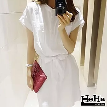 洋裝 棉麻短袖襯衫式長版連身裙 二色-HeHa-M(白色)