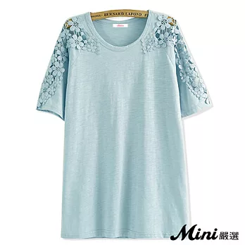 上衣 竹節棉肩部鏤空蕾絲短袖上衣 三色-Mini嚴選-FREE(藍色)