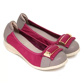 Green Phoenix寧夏甜蜜撞色金屬裝飾仿流蘇束口全真皮內增高娃娃鞋35桃紅