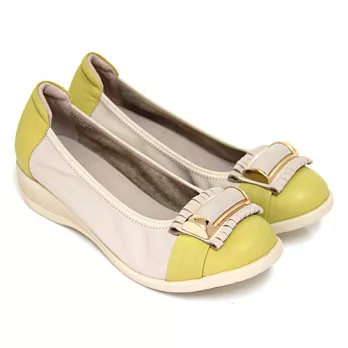 ◤Green Phoenix◥寧夏甜蜜撞色金屬裝飾仿流蘇束口全真皮內增高娃娃鞋37米色