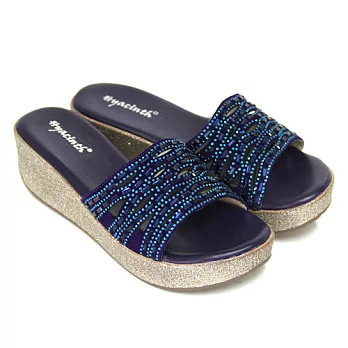◤Green Phoenix◥艷夏閃耀壓克力水鑽鏤空全真皮金蔥厚底拖鞋38深藍