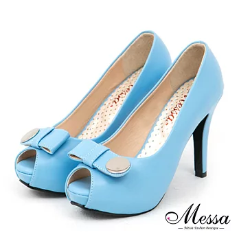 【Messa米莎專櫃女鞋】MIT 法式甜心纖細感蝴蝶結內真皮經典魚口高跟鞋-三色35藍色