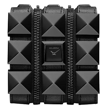 KARL LAGERFELD the Zip系列龐克派對設計手環錶-黑x三排皮環