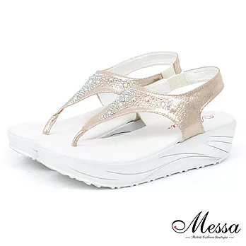 【Messa米莎專櫃女鞋】MIT 海灘星空派對七彩碎鑽夾腳厚底涼拖鞋-三色35金色