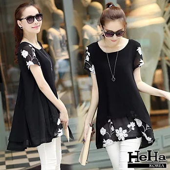 雪紡 繡花寬鬆下擺長版上衣 二色-HeHa-S(黑色)