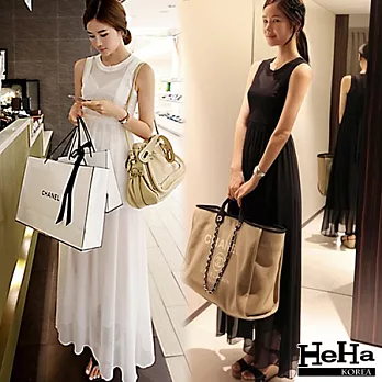 二件式 無袖雪紡波西米亞綁帶長裙洋裝 二色(附內搭)-HeHa-M(白色)