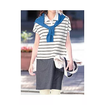 15夏預購【cecile】異材質拼接短袖POLO長版上衣M條紋A(黑+白)