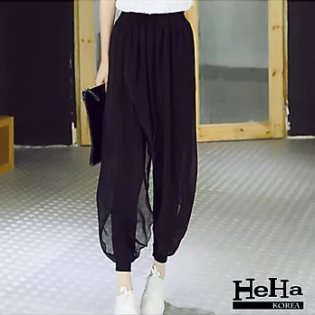 假二件 彈性莫代爾拼接雪紡哈倫褲 黑色-HeHa-L*