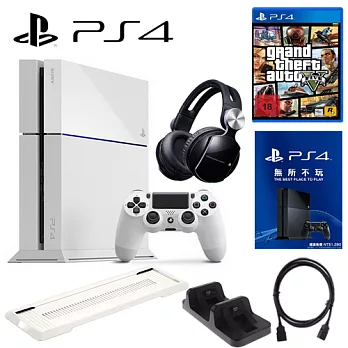 『超值組5』PS4 500G 單機-冰河白+SONY0086耳機+副場白直立架+DOBE雙手把充電座+高品質HDMI線+加碼送遊戲任選*1