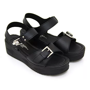 【Pretty】個性女孩一字釦繫踝厚底涼鞋23黑色