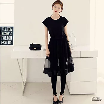 EOWYN.新款韓國2015春夏季透視網紗拼接抽繩系帶收腰針織連衣裙/黑色/灰色/L/M/TL001-L99557-50/2色/現貨+預購M黑色