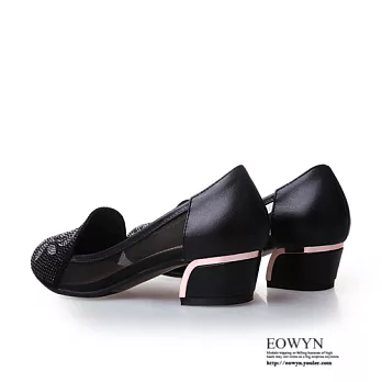 EOWYN.歐美時尚花朵水鑽網紗圓頭工作鞋粗跟包鞋/涼鞋EMD00587-99/4色/34-39碼現貨+預購34黑色