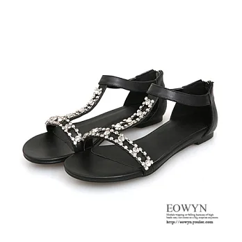 EOWYN.2015時尚新款奢華水鑽後拉鏈牛皮平底露趾涼鞋EMD00689-95/2色/34-39碼現貨+預購34黑色
