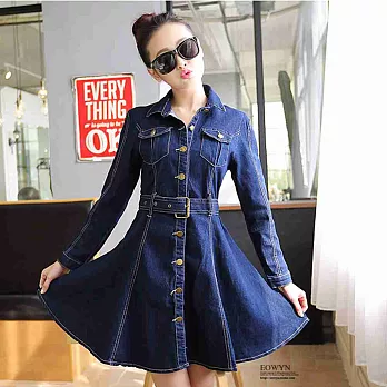 EOWYN.新款實拍春裝韓版長袖修身荷葉邊牛仔連衣裙潮/藍色/L/M/S/XL/TL001-L99614-74/1色/現貨+預購S藍色