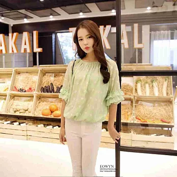 EOWYN.新款2015最蝴蝶結繡花荷葉邊中袖雪紡衫(模特實拍)/淺綠色/L/M/S/TL001-L99615-62/1色/現貨+預購S淺綠色