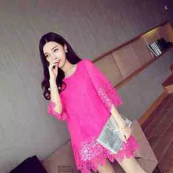 EOWYN.新款2015春裝韓版寬鬆大碼鏤空中袖蕾絲連衣裙/白色/黑色/玫紅/淺粉色/L/M/XL/TL001-L99681-52/4色/現貨+預購M玫紅色