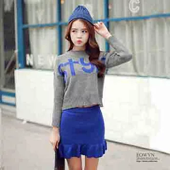 EOWYN.新款實拍新品韓版套頭長袖字母針織衫純色低腰毛衣短裙兩件套女/黑色/藍色/均碼/TL001-L99980-86/2色/現貨+預購FREE藍色