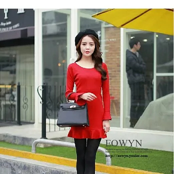 EOWYN.新款實拍春季女連衣裙荷葉邊修身長袖針織顯瘦包臀裙毛衣裙/黑色/紅色/灰色/均碼/TL001-L99986-62/3色/現貨+預購FREE紅色