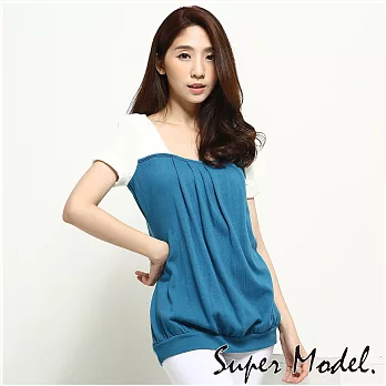 【名模衣櫃】撞色圓領層次感上衣FREE藍白色