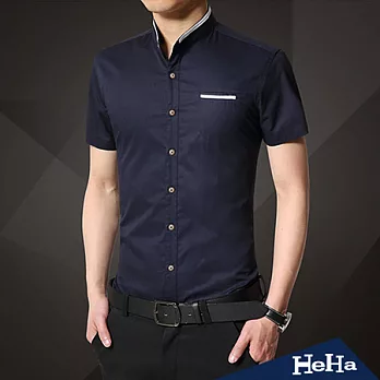 襯衫 純棉時尚拼接立領短袖襯衫 四色-HeHa-L(深藍)