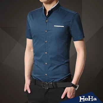 襯衫 純棉時尚拼接立領短袖襯衫 四色-HeHa-3XL（鑽石藍）