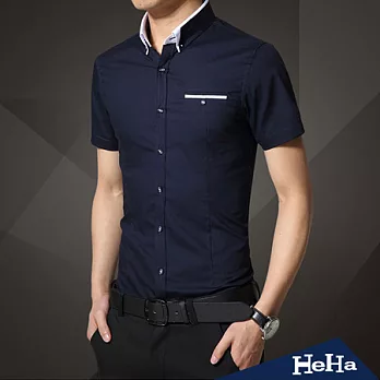 襯衫 紳士時尚雙色短袖襯衫 四色-HeHa-3XL（深藍）