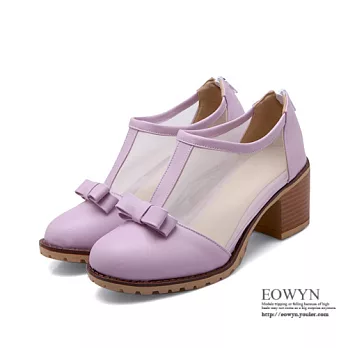 EOWYN.2015時尚新款韓版甜美蝴蝶結圓頭網紗拉鏈拼接粗跟包鞋/涼鞋EMD00791-65/4色/34-39碼現貨+預購紫色34