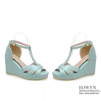 EOWYN.時尚韓版新款休閒沙灘洋氣線條T字釦環坡跟厚底鬆糕楔形涼鞋EMD00803-63/3色/34-39碼現貨+預購藍色34