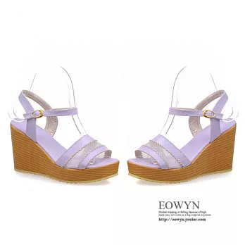 EOWYN.韓系時尚百搭圓頭拼接釦環網紗坡跟厚底鬆糕楔形涼鞋EMD00808-63/3色/34-39碼現貨+預購紫色38