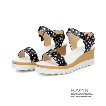 EOWYN.韓版時尚熱銷新款甜美五星印花百搭魔術貼拼色坡跟厚底鬆糕涼鞋EMD00809-63/4色/34-39碼現貨+預購黑色34