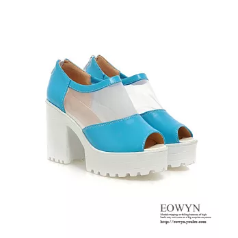 EOWYN.2015歐美新款性感魚嘴網紗後拉鏈舒適粗跟高跟涼鞋EMD00843-67/3色/34-39碼現貨+預購藍色34