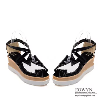 EOWYN.日系街頭美型時尚性感顯瘦線條拼色百搭休閒坡跟厚底鬆糕涼鞋EMD00847-74/2色/34-39碼現貨+預購黑色34
