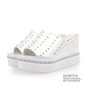 EOWYN.2015時尚新款拖鞋韓版簡約鏤空坡跟厚底鬆糕楔形露趾涼鞋EMD00854-94/1色/34-39碼現貨+預購白色34