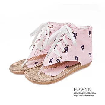 EOWYN.韓系時尚百搭綁帶後拉鏈甜美印花平底舒適夾腳涼鞋EMD00855-62/3色/34-39碼現貨+預購粉色35