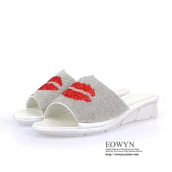 EOWYN.韓系時尚俏皮可愛拼色嘴形水鑽舒適百搭厚底平底拖鞋/涼鞋EMD00861-85/1色/34-39碼現貨+預購白色34