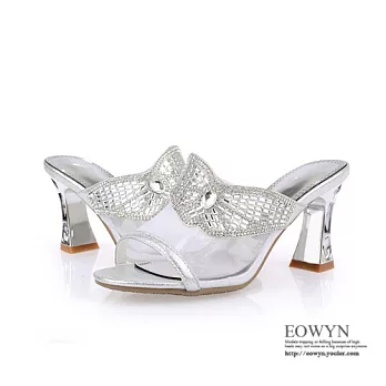 EOWYN.歐美站水晶跟拖鞋日韓系時尚簡約水鑽網紗粗跟涼鞋EMD00862-76/1色/34-39碼現貨+預購白色34