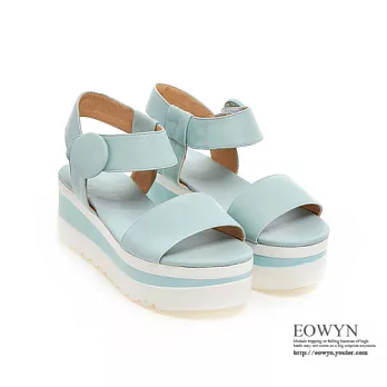 EOWYN.經典時尚英國流行女鞋百搭寬版舒適魔術貼拼色坡跟厚底鬆糕涼鞋EMD00825-79/4色/34-39碼現貨+預購藍色34