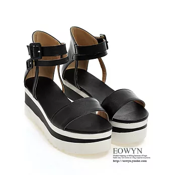 EOWYN.歐美時尚百搭拼色一字寬版蘩裸釦環舒適坡跟厚底鬆糕楔形涼鞋EMD00826-83/4色/34-39碼現貨+預購黑色34