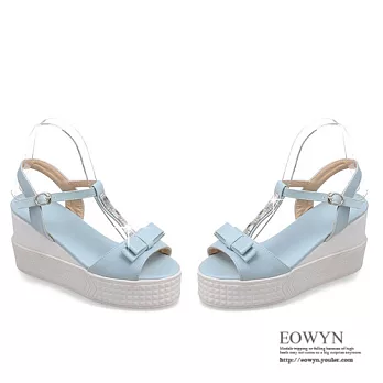 EOWYN.歐美時尚甜美蝴蝶結水鑽T字釦環坡跟厚底鬆糕楔形涼鞋EMD00822-66/3色/34-39碼現貨+預購藍色34