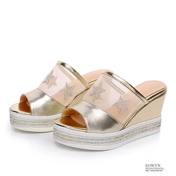 EOWYN.歐美百搭拖鞋日韓時尚簡約水鑽網紗魚嘴羊皮坡跟厚底鬆糕楔形涼鞋EMD00884-99/2色/34-39碼現貨+預購金色34