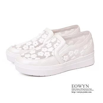 EOWYN.2015時尚百搭新款甜美網紗花朵圓頭休閒平底包鞋/涼鞋EMD00878-86/2色/34-39碼現貨+預購白色34